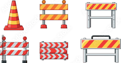 Traffic safety equipment set with road cones and striped barricades isolated on white background for construction warning and urban street design concepts