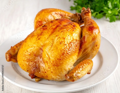 Whole Roasted Chicken With Golden Crispy Skin On White Plate Over Light Wood Table Background With Fresh Herbs