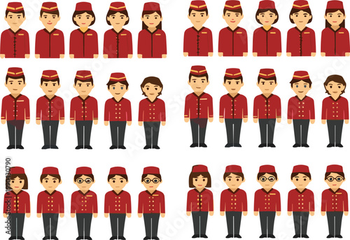 Hotel staff and bellboy uniform characters vector illustration set with service employees in red outfits standing poses in flat style