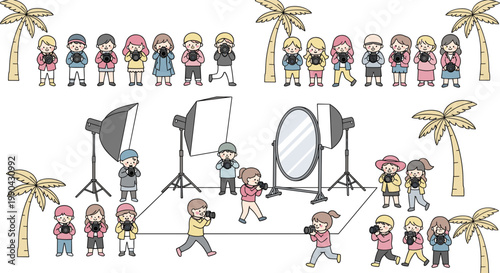 Kids photographers and studio equipment vector illustration set with children taking photos cameras lighting softbox and outdoor elements in cute hand drawn style