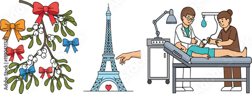 Mistletoe decorations Eiffel tower love symbol and medical procedure vector illustration set with romantic and healthcare themes