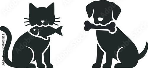 Pet shop concept with black cat holding fish and brown dog holding bone in simple solid shape composition
