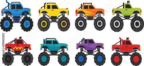 Monster truck collection vector illustration with colorful off road vehicles and big wheels in cartoon style for racing theme design