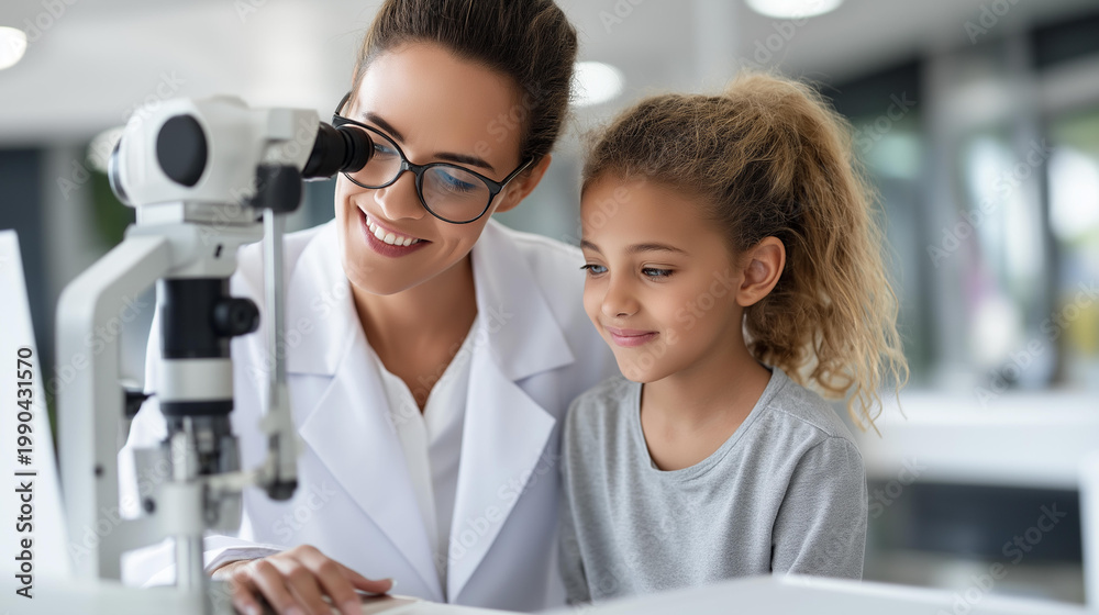 Fototapeta premium Female optometrist examining a young girl using ophthalmology equipment in a medical clinic, pediatric vision test and professional eye care concept, defocused background, with