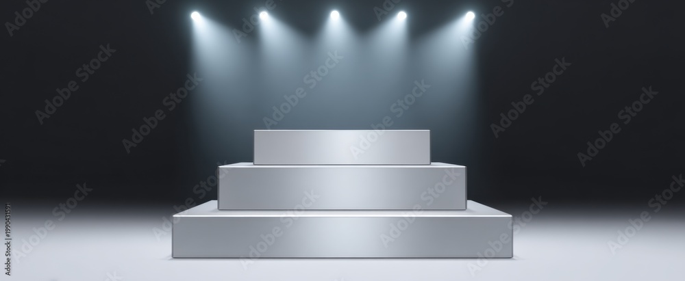 Obraz premium Shiny silver four-level podium on a white backdrop for product showcase and events