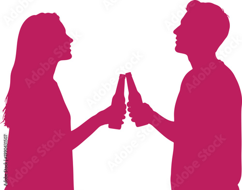 Couple toasting with beer bottles silhouette vector art on transparent background.