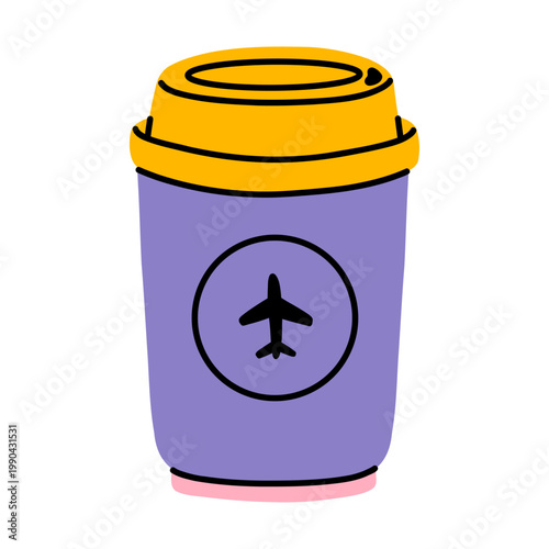 Vector travel coffee cup with airplane logo on purple mug and yellow lid. Hot takeaway drink illustration in flat design for flight, vacation and airport theme.