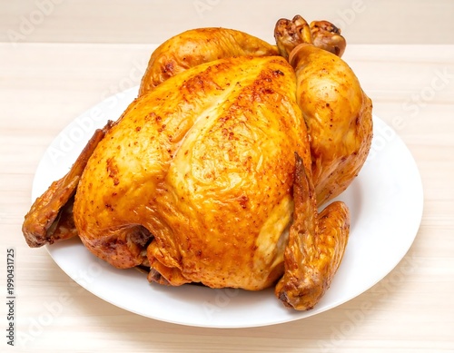 Whole Roasted Turkey With Golden Crispy Skin Served On A White Plate On A Light Wooden Table Background For Holiday Dinner Celebration