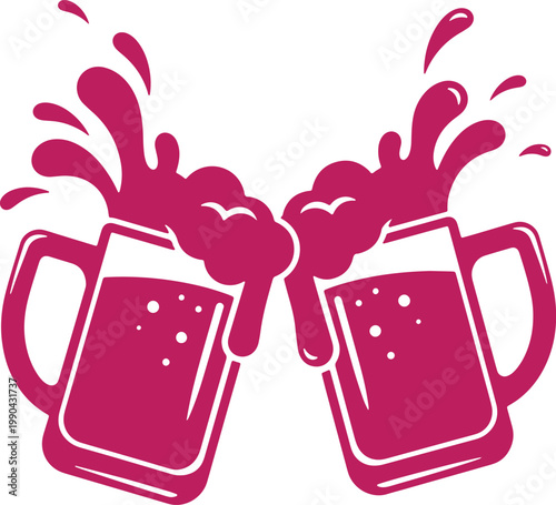 Two beer mugs clinking together splashing liquid silhouette vector art on transparent background.