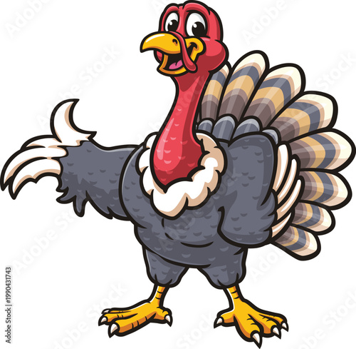 Cartoon mascot illustration of a turkey in a welcoming pose