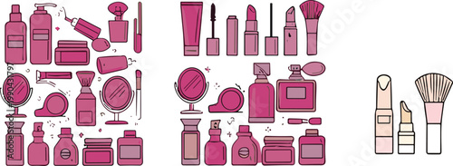 Pink makeup cosmetics collection vector illustration with beauty products lipstick brushes perfume and skincare items in trendy hand drawn style