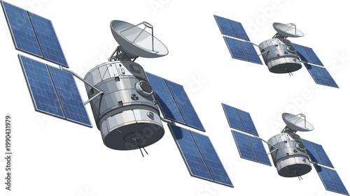 Communication satellite with solar panels vector illustration set featuring space technology orbiting spacecraft and antenna systems in realistic style