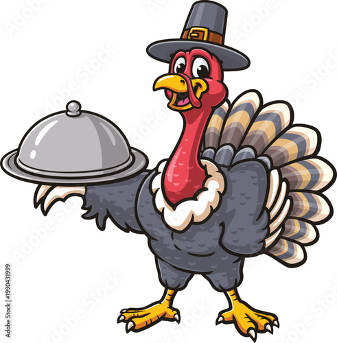 Cartoon mascot illustration of a turkey holding a serving tray