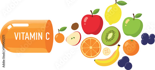 Vitamin C rich fruits illustration with capsule and citrus apple kiwi banana isolated on white background for health nutrition and supplement concepts