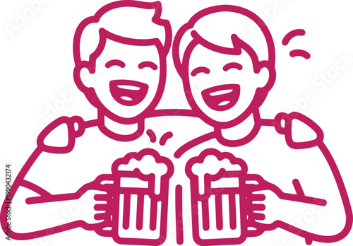 Two happy friends toasting with beer mugs, outline illustration.