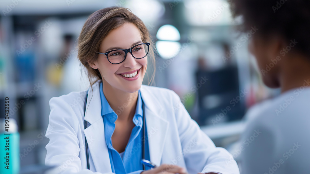 Fototapeta premium Female Caucasian ophthalmologist explaining eye diseases using an eye model to an Asian female patient, glaucoma cataract and diabetic retinopathy education concept, defocused