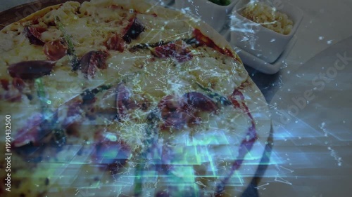 Holographic network appearing and pulsing across pizza, highlighting toppings for menu design