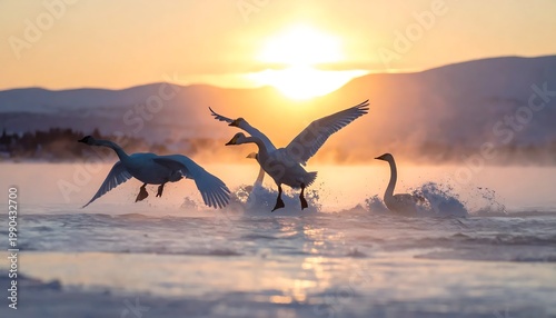 Whooper Swans Landing On Misty Winter Lake With Golden Sunset Silhouette And Mountain Background In Cold Arctic Morning