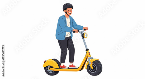 Man riding a yellow three wheel electric scooter with gray handlebar and headlight wheel lights featuring mobility, transportation, urban travel with