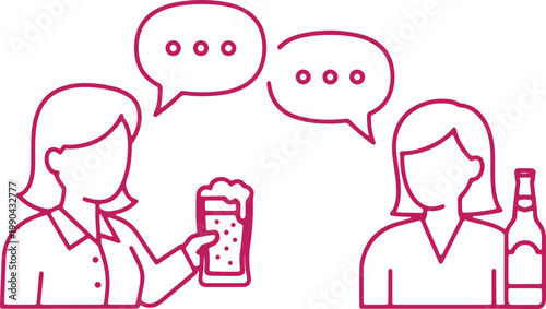Two women chatting over drinks, one holding beer glass, other bottle, pink line art on transparent background.