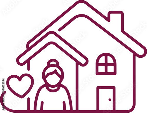 Senior woman with heart in front of house, home care and security symbol.