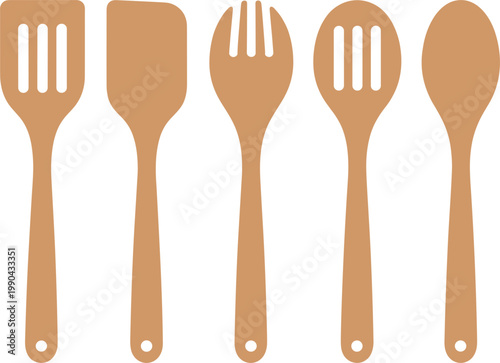 Wooden kitchen utensils set, spatula spoon and fork tools, eco friendly cookware vector illustration design
