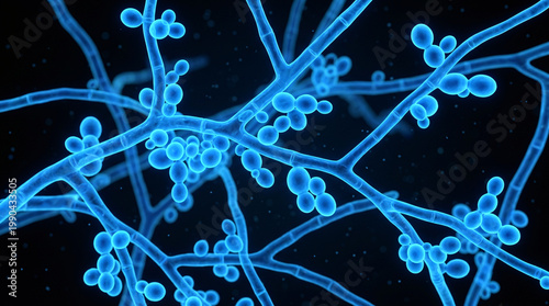 Candida albicans cells and hyphae under fluorescence microscopy
