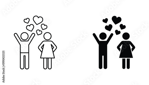Couple with floating love hearts icon set in outline and solid black style for romantic relationships and valentine day celebration graphics isolated on white background