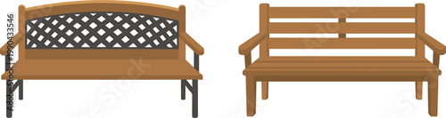 Wooden park benches set, outdoor seating furniture with backrest, garden vector illustration design