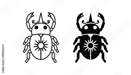 Stag beetle with sun symbol on body icon set in outline and solid black style for entomology nature studies and insect graphics isolated on white background
