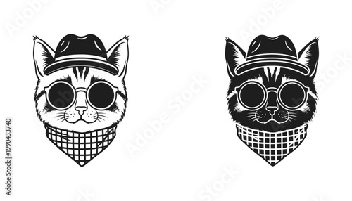 Cool cat wearing fedora hat and round glasses with scarf minimalist vector illustration set