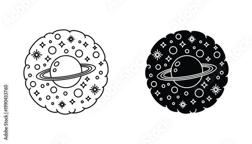 Planet with rings surrounded by stars and celestial bodies in a circular frame minimalist vector illustration