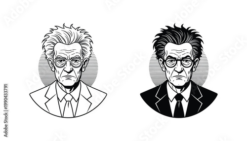 Elderly man portrait in suit and glasses minimalist vector illustration set