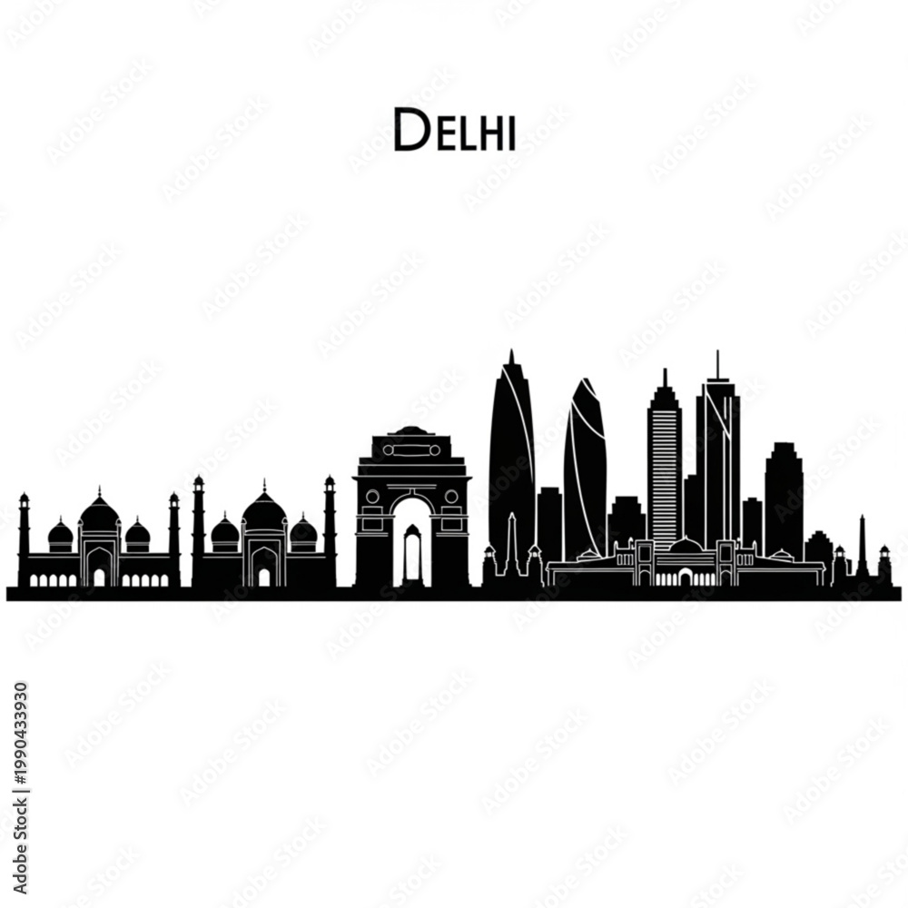 Obraz premium A black and white vector graphic illustration of the Delhi city skyline with famous landmarks