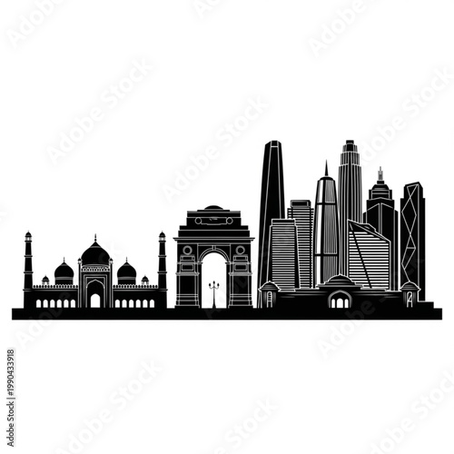A black and white vector graphic illustration of a city skyline with a mix of modern and historical buildings