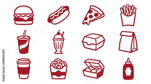 Red Fast Food Handmade Icons Collection on White Background
