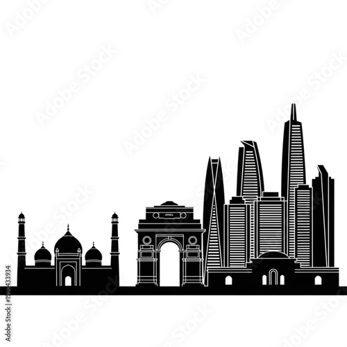 A black and white vector graphic illustration of the New Delhi skyline, featuring iconic landmarks like the Taj Mahal, India Gate, and modern skyscrapers.