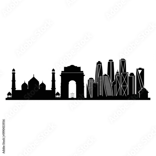 A black silhouette vector graphic of the New Delhi city skyline, featuring famous landmarks and modern skyscrapers.