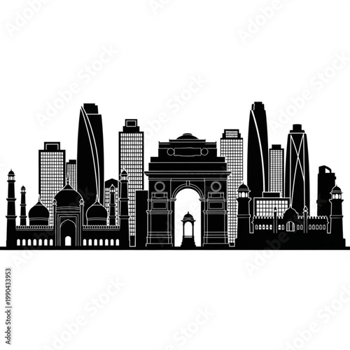 A black and white vector graphic illustration of the New Delhi city skyline featuring iconic landmarks