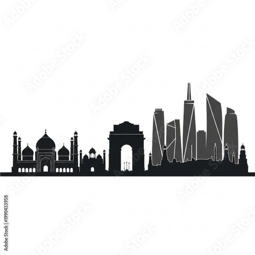 A black and white vector graphic illustration of the New Delhi and Mumbai city skylines combined, featuring famous landmarks like the Taj Mahal and modern skyscrapers.