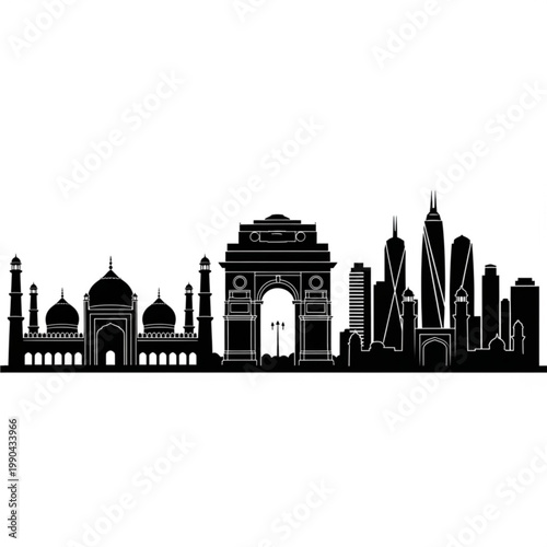 A black and white vector graphic illustration of the New Delhi skyline, featuring iconic landmarks like India Gate and the Taj Mahal, set against a clean white background.