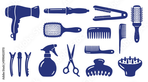 Hairdressing Tools Handmade Collection Isolated on White Background
