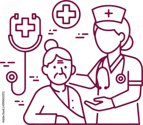 Nurse caring for elderly patient, medical help and support, healthcare professional assisting senior woman.