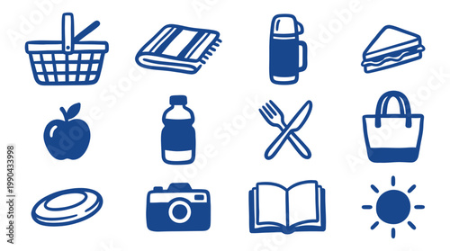 Picnic Handmade Icons Set Blue on White Background