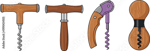 Wooden corkscrew wine opener set with different handle styles isolated on white background for kitchen tools bar accessories and beverage preparation