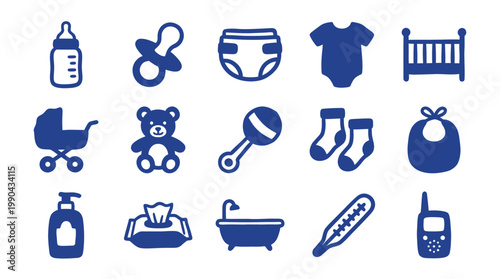 Baby Handmade Icons Set Blue Isolated White Background