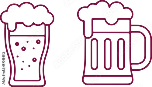 Two glasses of beer, frothy lager, refreshing beverage, pint mugs, drink illustration, pub contents.