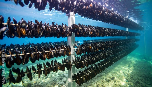 Mussel farm underwater.