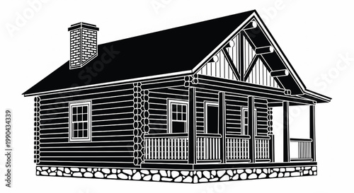 House cabin icon with log walls, porch railing, stone foundation, and chimney line art illustration featuring wooden wall, gable roof, monochrome