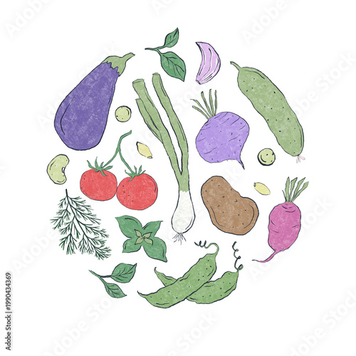 Round shape form with farm fresh vegetables and greens. Veggies green colorful icons, isolated background. Organic, natural products. For menu design, poster, decoration.